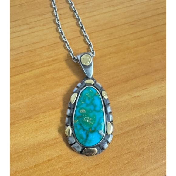 18k Gold & Sterling Silver Necklace Pendant Huge High Grade Kingman Turquoise - Picture 4 of 8